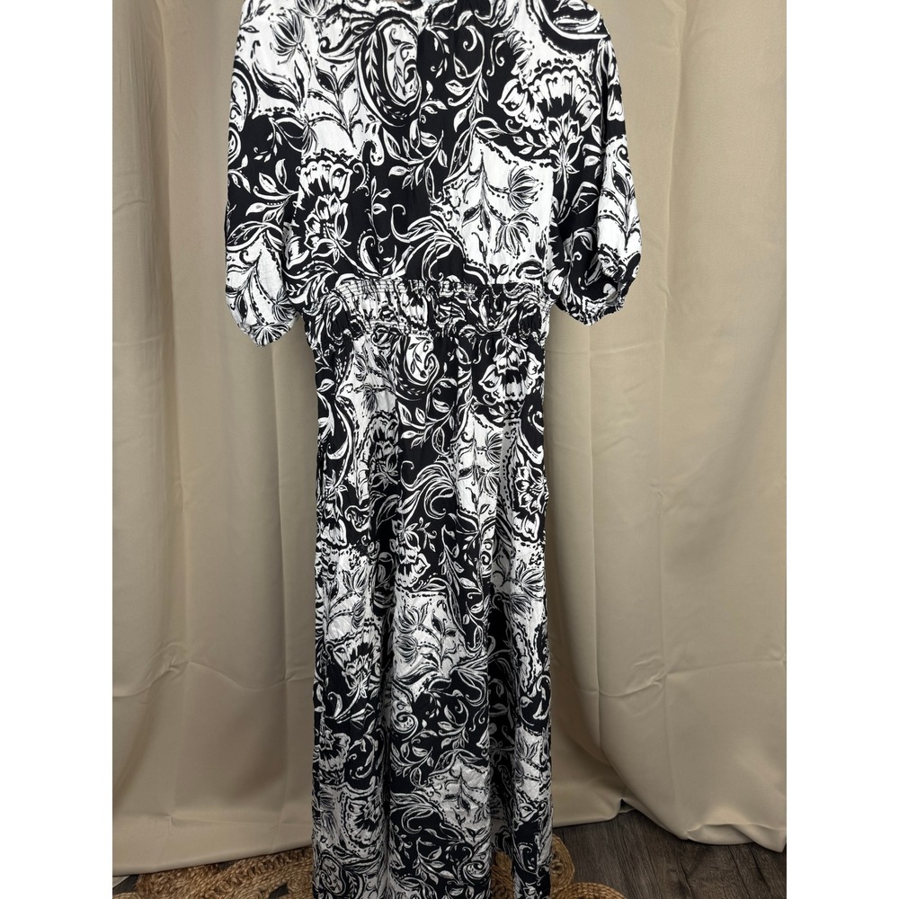 Ellen Tracy Black White Floral Paisley Maxi Dress L – Puff Sleeve Smocked Waist - Picture 2 of 8